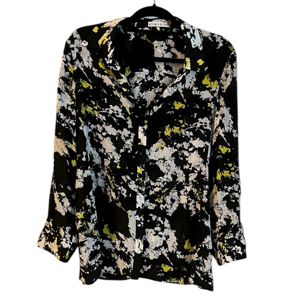 Alice + Olivia Black Abstract Paint-Splash Button-Down Blouse